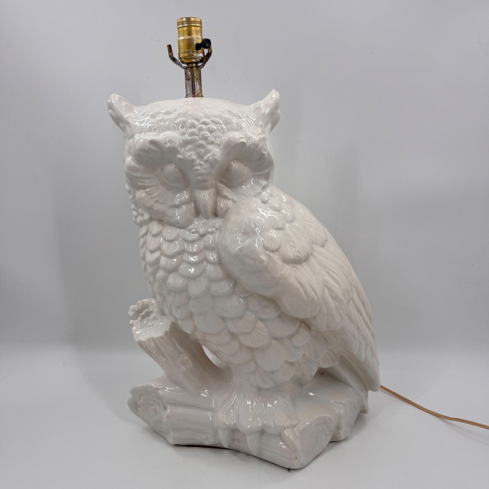 Vintage Giant White Ceramic Owl Table Lamp 23" Hollywood Regency Mid Century